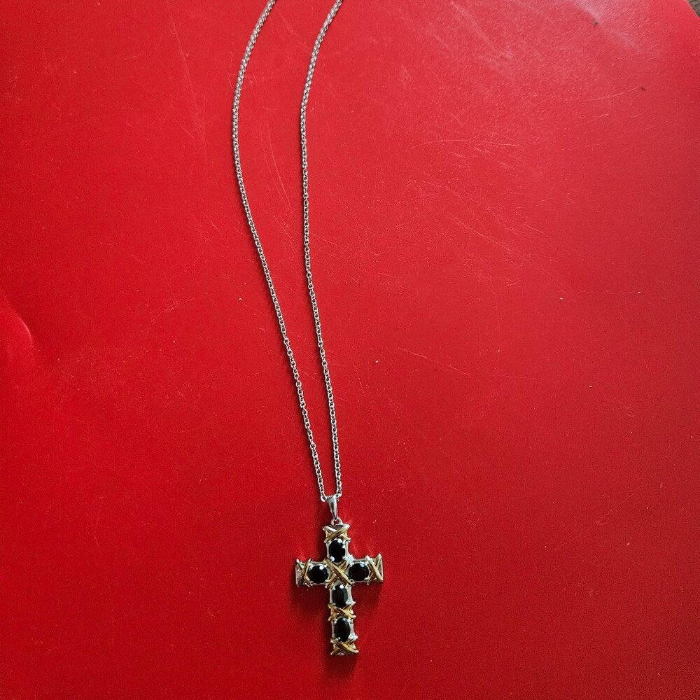 thai black spinel cross pendent with stainless steel chain in box new